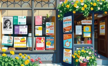 A vibrant spring neighbourhood scene with colourful event flyers and local business signs inviting exploration.