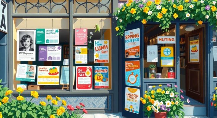 A vibrant spring neighbourhood scene with colourful event flyers and local business signs inviting exploration.