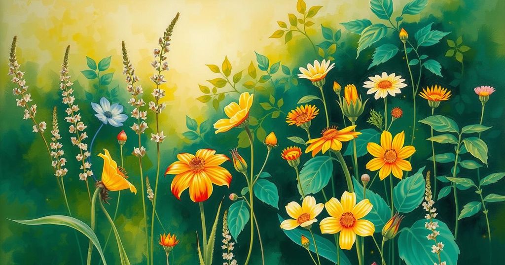 A vibrant landscape depicting growth and transformation with bold colours, embodying the essence of leadership and courage.