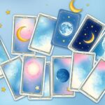 A mystical tarot card spread with celestial elements, highlighting zodiac symbols and astrological themes in calming colours.