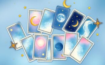 A mystical tarot card spread with celestial elements, highlighting zodiac symbols and astrological themes in calming colours.