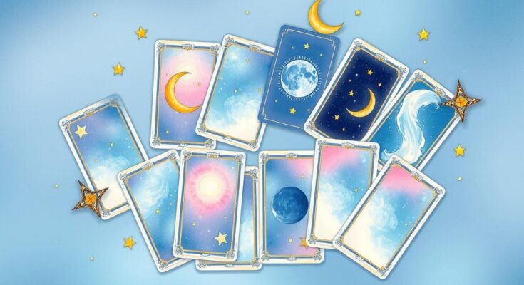 A mystical tarot card spread with celestial elements, highlighting zodiac symbols and astrological themes in calming colours.