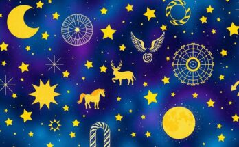 Astrological symbols and zodiac signs on a colourful starry background, representing daily horoscope insights.