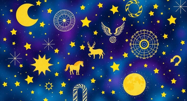 Astrological symbols and zodiac signs on a colourful starry background, representing daily horoscope insights.