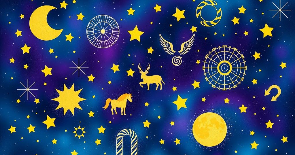 Astrological symbols and zodiac signs on a colourful starry background, representing daily horoscope insights.
