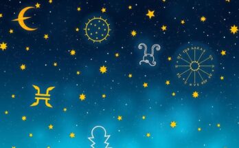 A starry night sky with astrological symbols, inspiring feelings of hope and guidance for daily fortunes.