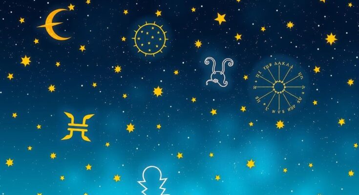 A starry night sky with astrological symbols, inspiring feelings of hope and guidance for daily fortunes.