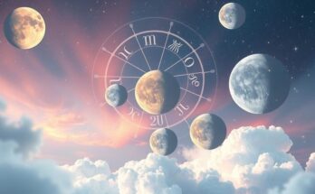 Astrological symbols with lunar phases and celestial bodies, soft pastel colours, dreamy and mystical art style.