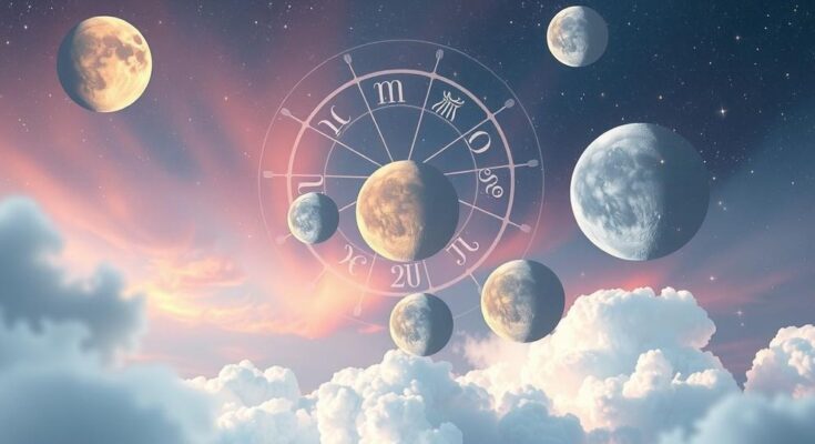Astrological symbols with lunar phases and celestial bodies, soft pastel colours, dreamy and mystical art style.