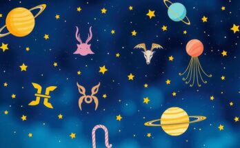 Illustration of zodiac symbols with celestial elements against a cosmic backdrop.