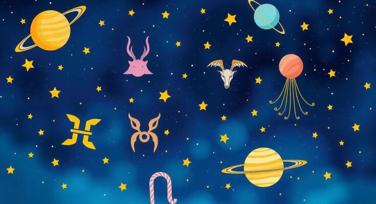 Illustration of zodiac symbols with celestial elements against a cosmic backdrop.