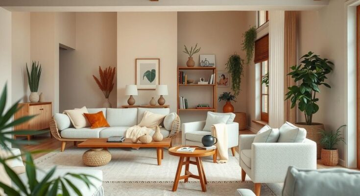 A peaceful home interior with warm colours and soothing decor, reflecting comfort and inner harmony.