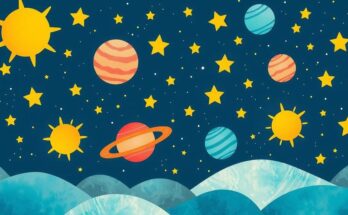 A whimsical illustration of stars and planets reflecting good fortune for certain zodiac signs in a celestial theme.