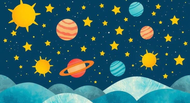 A whimsical illustration of stars and planets reflecting good fortune for certain zodiac signs in a celestial theme.