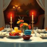A cozy dinner scene with a table set for two, warm colours and ambient lighting create an intimate atmosphere.