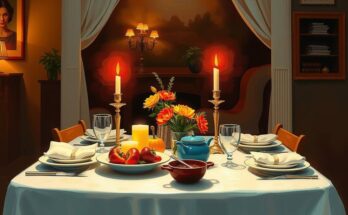 A cozy dinner scene with a table set for two, warm colours and ambient lighting create an intimate atmosphere.