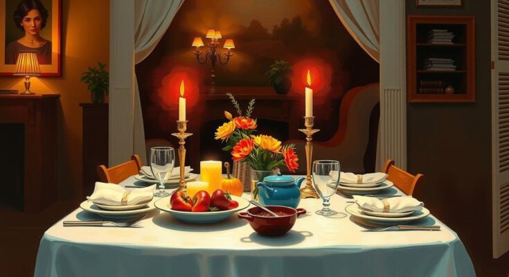 A cozy dinner scene with a table set for two, warm colours and ambient lighting create an intimate atmosphere.