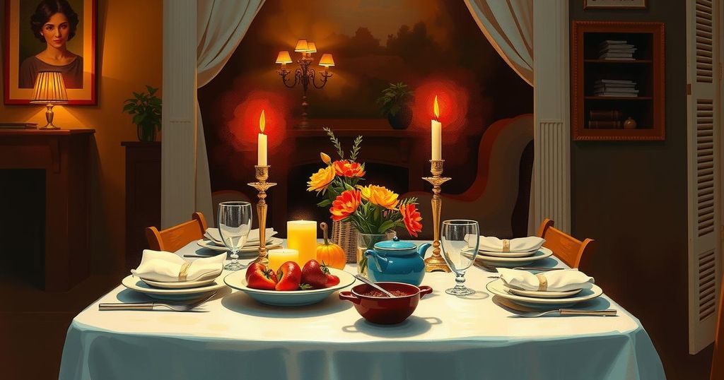 A cozy dinner scene with a table set for two, warm colours and ambient lighting create an intimate atmosphere.