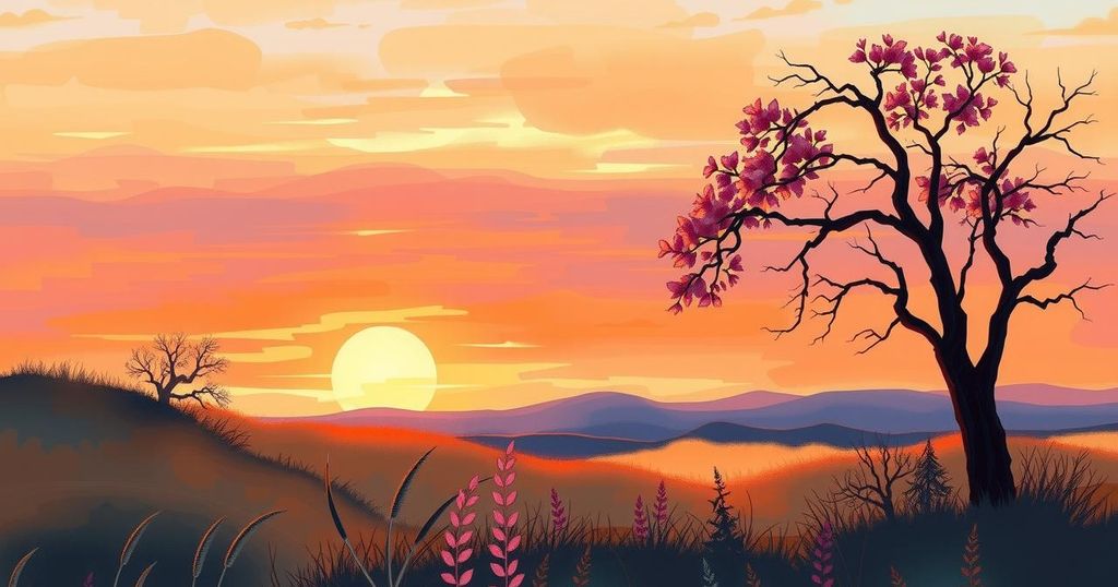 A serene landscape showcasing a sunset with vibrant colours, symbolising reflection and communication in relationships.