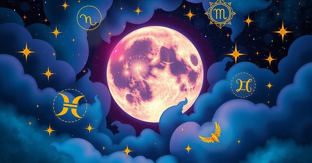 Celestial scene depicting zodiac signs with a mystical moon, stars, and abstract cosmic elements in vibrant colours.