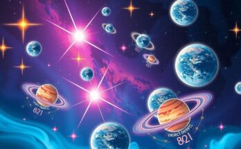 A cosmic landscape with vibrant stars, planets in motion, and astrological symbols against a dark night sky.
