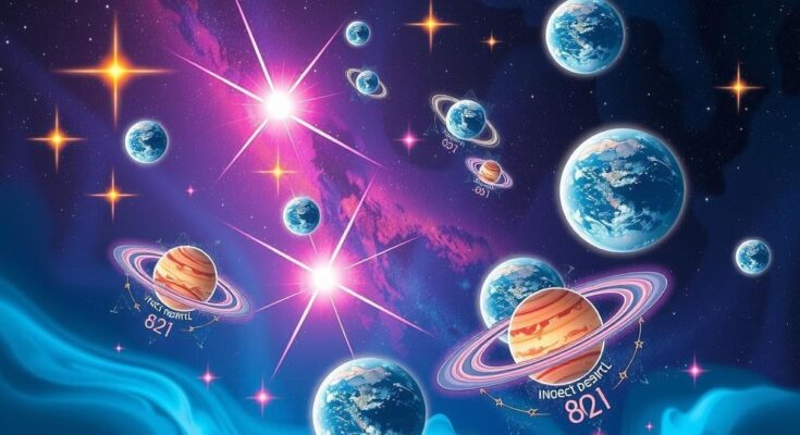 A cosmic landscape with vibrant stars, planets in motion, and astrological symbols against a dark night sky.