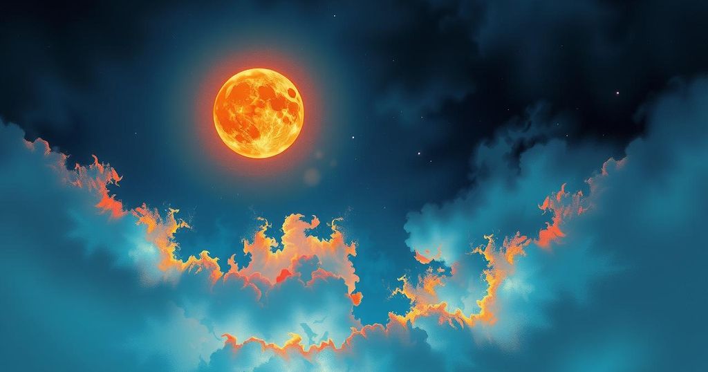 A celestial scene depicting the Moon aligned with Mars in a night sky, conveying astrological energy.