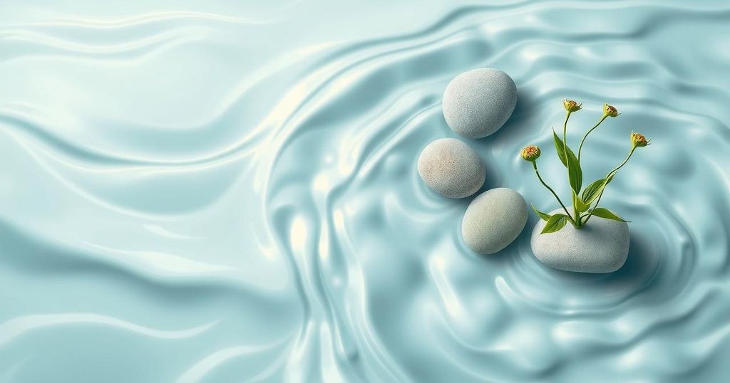 A serene water scene with gentle waves, pastel hues, and harmonious elements symbolising collaboration and growth.
