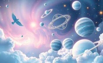 Astrological symbols and celestial elements with a dreamy cosmic background in soothing pastel colours.
