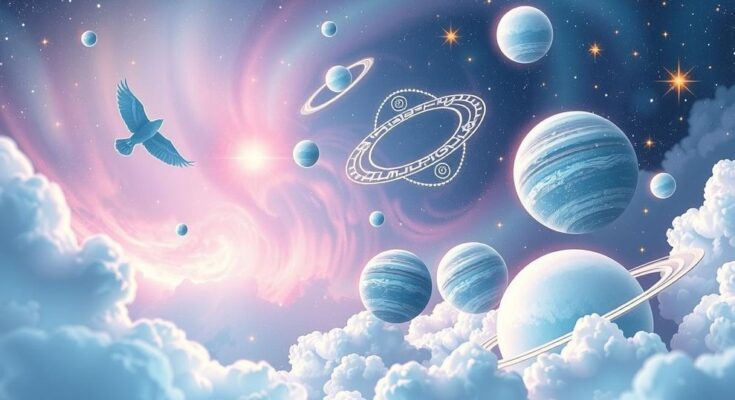 Astrological symbols and celestial elements with a dreamy cosmic background in soothing pastel colours.