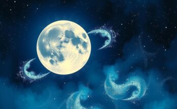 A cosmic illustration depicting the Moon and Pluto in alignment, within a vibrant celestial background.