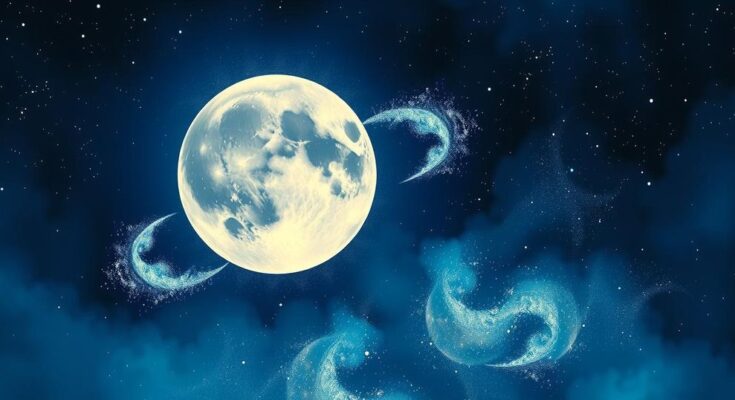 A cosmic illustration depicting the Moon and Pluto in alignment, within a vibrant celestial background.