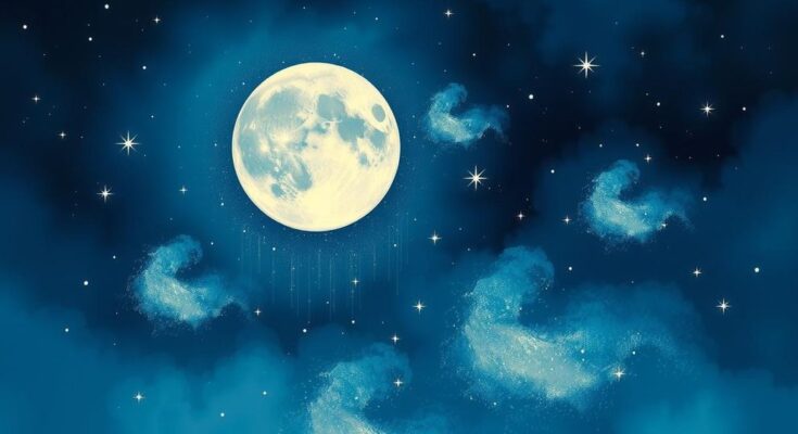 A serene night sky with a full moon illuminating an expansive starry backdrop, symbolising relationships and cosmic guidance.