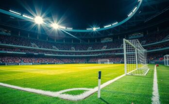 A vibrant soccer field under bright stadium lights with goalposts, depicting a thrilling match atmosphere.