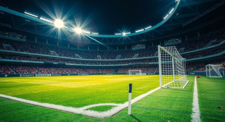 A vibrant soccer field under bright stadium lights with goalposts, depicting a thrilling match atmosphere.