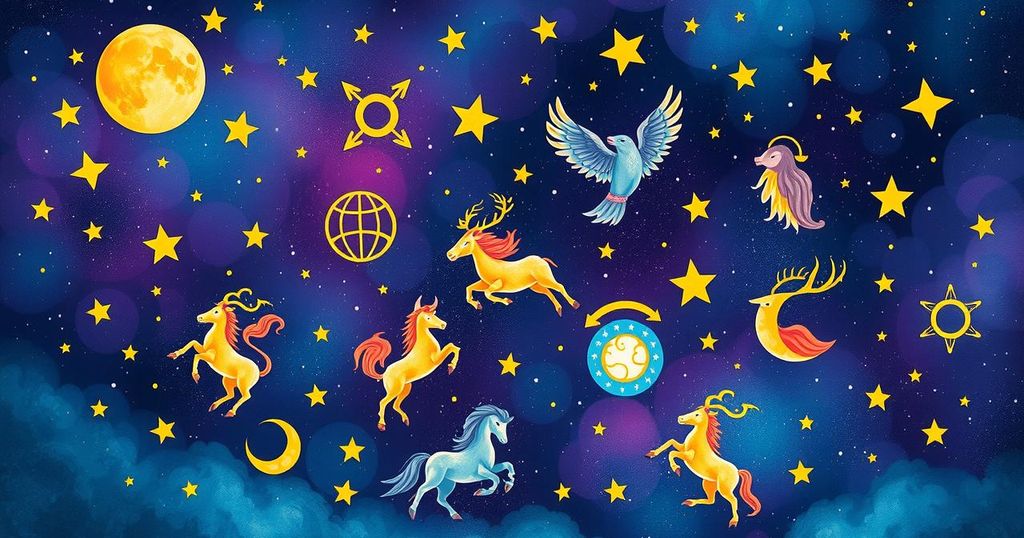 Zodiac symbols representing astrology and horoscopes in a cosmic background with stars and constellations.