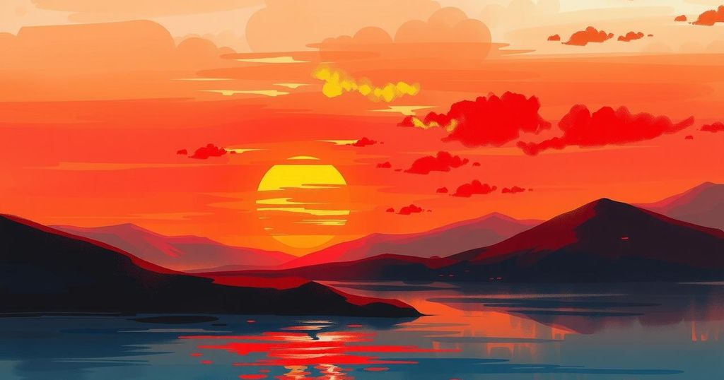 A serene landscape with a vibrant red sunset, symbolizing growth and positive energy in life and love.
