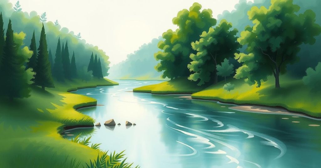 A serene landscape with a calm river and stable trees, reflecting themes of financial and emotional grounding.