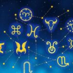 A celestial illustration showing diverse star signs against a starry night sky, featuring astrological symbols and vibrant colours.