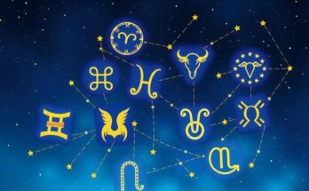 A celestial illustration showing diverse star signs against a starry night sky, featuring astrological symbols and vibrant colours.