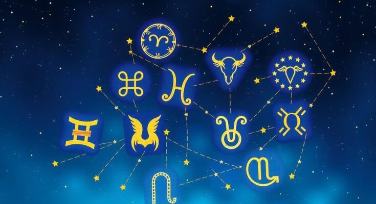 A celestial illustration showing diverse star signs against a starry night sky, featuring astrological symbols and vibrant colours.