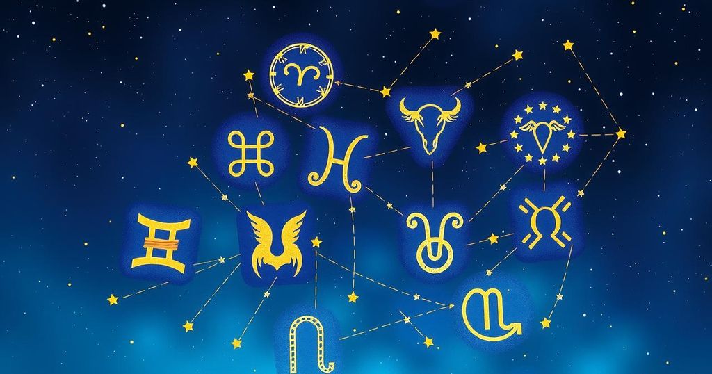 A celestial illustration showing diverse star signs against a starry night sky, featuring astrological symbols and vibrant colours.