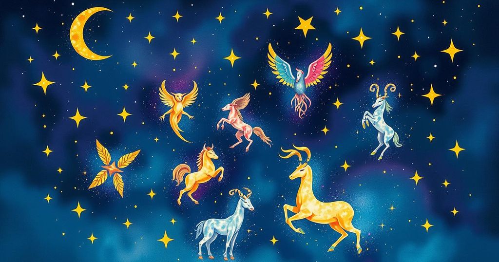 A celestial illustration featuring zodiac signs and constellations in a cosmic background with vibrant colours.