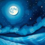 A celestial scene with a glowing last quarter moon and vibrant stars above an abstract landscape, emphasizing self-discovery.