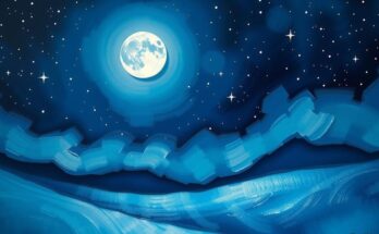 A celestial scene with a glowing last quarter moon and vibrant stars above an abstract landscape, emphasizing self-discovery.