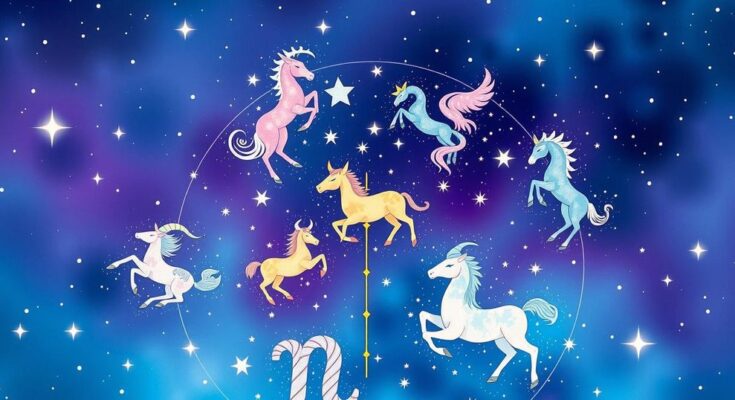 A colourful astrological chart featuring zodiac symbols and celestial elements representing horoscopes.