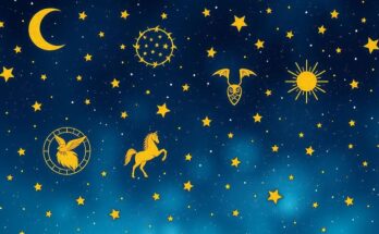 Astrological symbols representing various zodiac signs in a cosmic night sky with shimmering stars and galaxies.