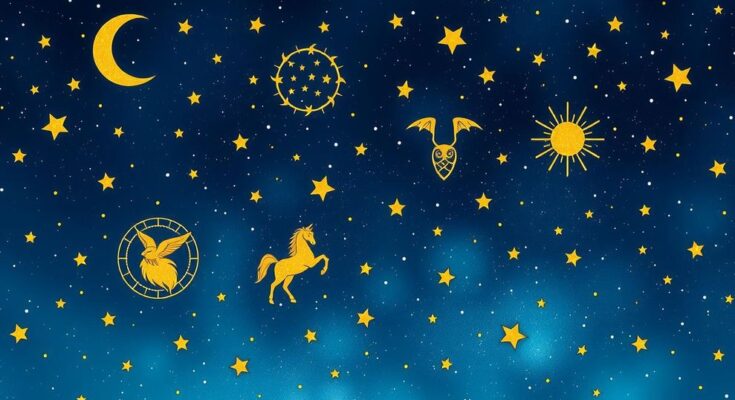 Astrological symbols representing various zodiac signs in a cosmic night sky with shimmering stars and galaxies.
