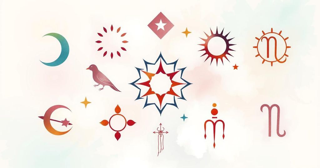 Astrological symbols in soft pastel colours representing zodiac signs and cosmic connections.