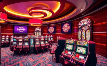 Stylish casino interior with vibrant colours and modern slot machines, creating a lively gaming atmosphere.